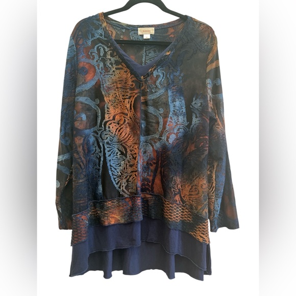 Kamana Tops - Lagenlook Artwear Tunic Top Kamana XL Blue Copper Textured High Low Boutique